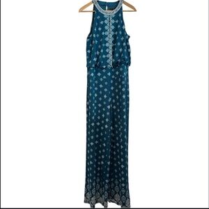 🔵 White House Black Market Twilight Teal Ecru Patterned MJ Jumpsuit Sz Med NWT